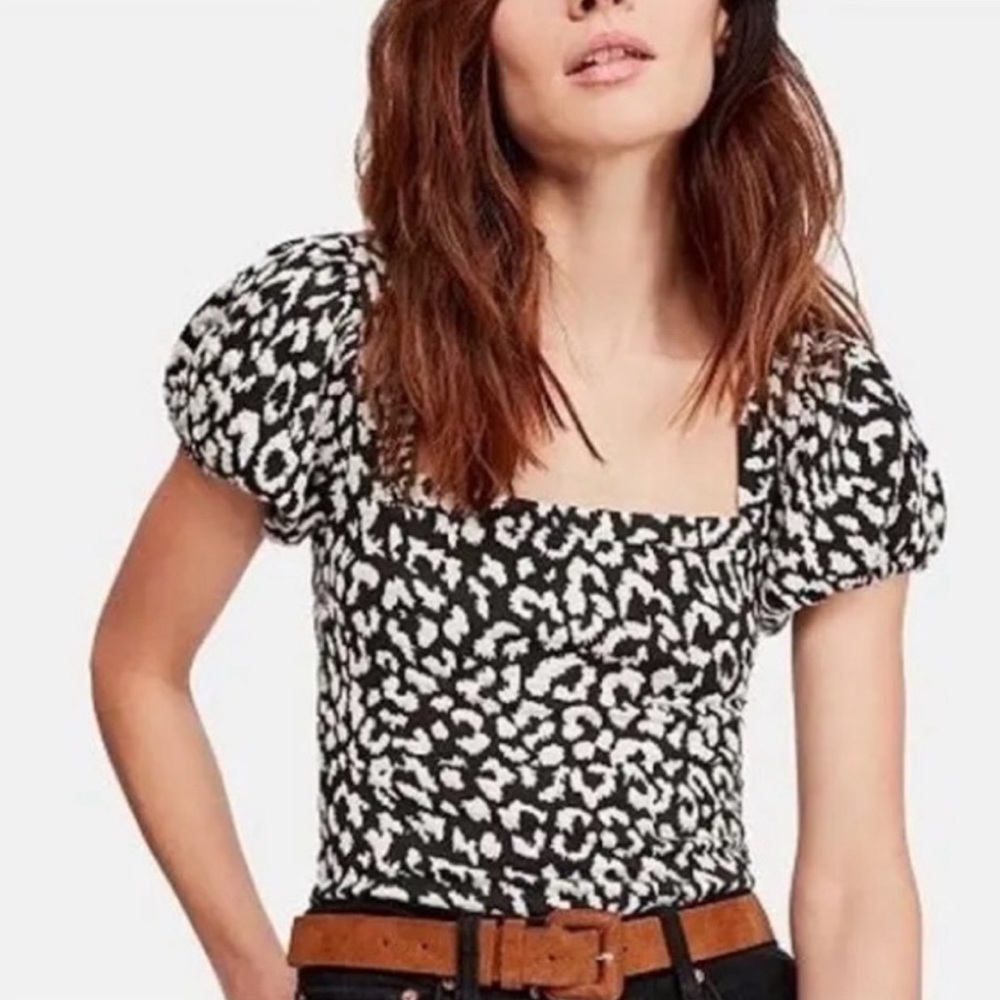 Free People Puff Sleeve Leopard Print Top